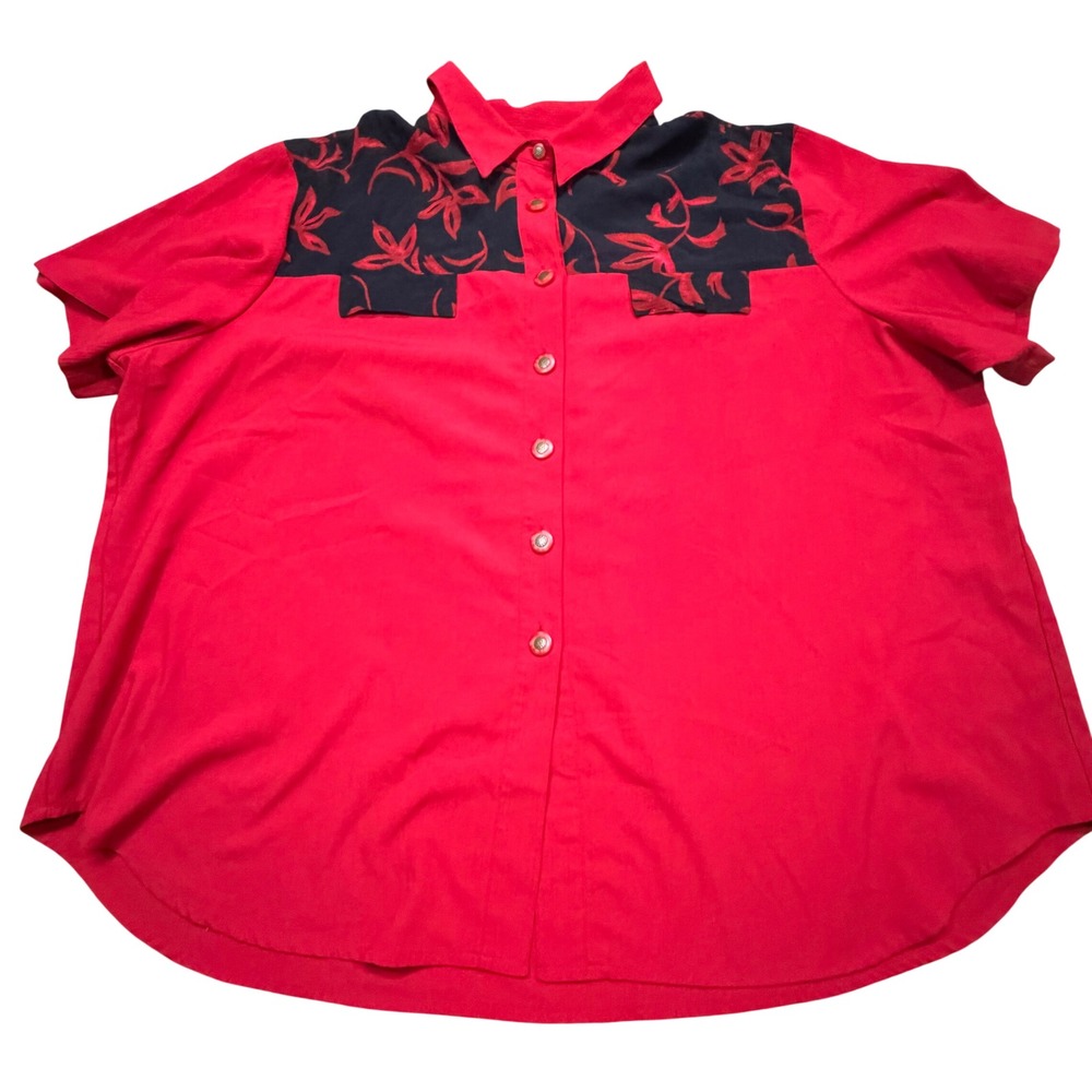 Vintage Womens Red Black Floral Yoke Button Front Blouse Short Sleeve 3X